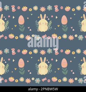 Joli motif sans couture avec chemin floral, lapins rayés et œufs de pâques, décoratif, stylisé, festif, couleurs pastel, sur fond bleu Banque D'Images