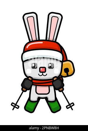 Style cube mignon de Noël lapin ski Illustration de Vecteur