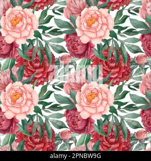 Une peinture aquarelle de pivoines rouges avec des feuilles et des fleurs sans couture à motif complet Banque D'Images