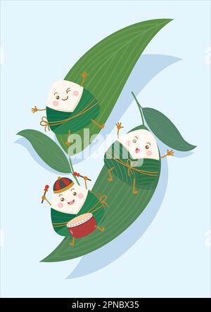 mignon et kawaii riz chinois collant boulant des personnages de zongzi et des feuilles de bambou Illustration de Vecteur