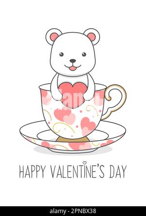 Mignon ours polaire dans Une tasse tenant coeur Saint Valentin Illustration de Vecteur