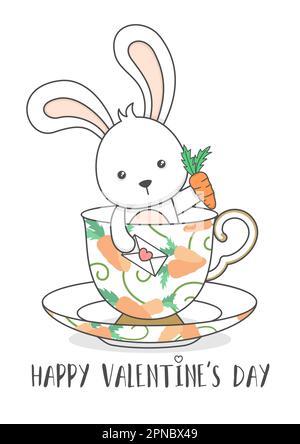 Lapin mignon dans Une tasse tenant la carotte et l'amour lettre jour de Valentines Illustration de Vecteur