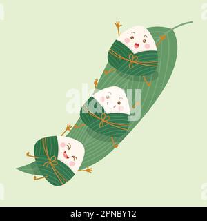 mignonne et kawaii chinois collant boulettes de riz zongzi personnages de dessin animé avec feuilles de bambou Illustration de Vecteur