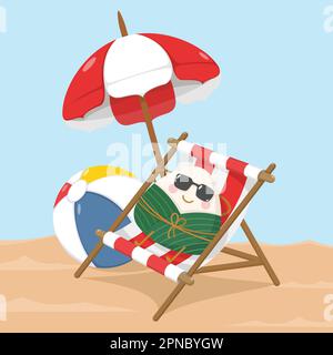 mignonne et kawaii chinois collant riz boulonnage zongzi caractère bronzage sur chaise de plage Illustration de Vecteur