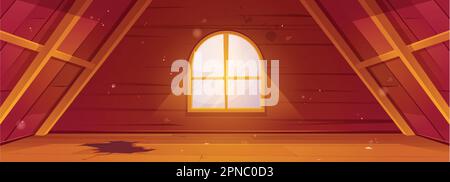 Maison grenier intérieur avec poutres en bois, plancher et fenêtre. Vide vieille chambre abandonnée garret avec grande fenêtre et plancher en bois cassé, illustration de dessin animé vectoriel Illustration de Vecteur