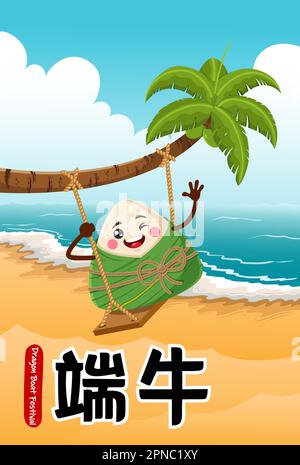 Dragon Boat Festival riz Dumpling Zongzi jouer Swin sur Coconut Tree Illustration de Vecteur