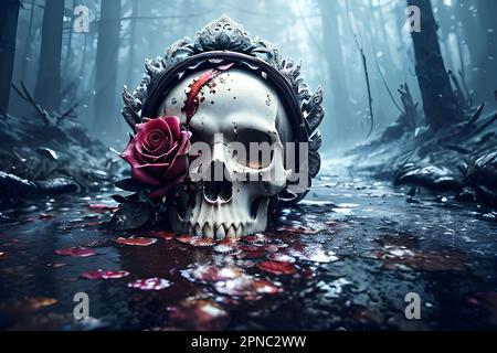 Un crâne humain entouré d'un champ de roses rouges luxuriantes, situé au milieu d'une forêt dense Banque D'Images