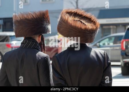 Le jour du Sabbat et des fêtes, les juifs orthodoxes de certains groupes hassidiques portent un chapeau de fourrure appelé shtreimel. À Brooklyn, New York, la Pâque 2023. Banque D'Images