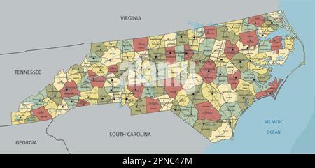 Caroline du Nord - carte politique modifiable très détaillée avec étiquetage. Illustration de Vecteur