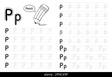 ABC alphabets Tracing Book Interior pour enfants. Enfants écrivant la feuille de travail avec photo. Éléments vectoriels Premium lettre P. Illustration de Vecteur