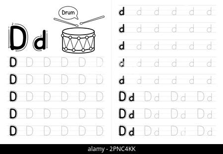 ABC AAlphabets Tracing Book Interior pour enfants. Enfants écrivant la feuille de travail avec photo. Éléments vectoriels Premium lettre D. Illustration de Vecteur