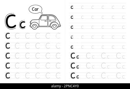 ABC AAlphabets Tracing Book Interior pour enfants. Enfants écrivant la feuille de travail avec photo. Éléments vectoriels Premium lettre C. Illustration de Vecteur