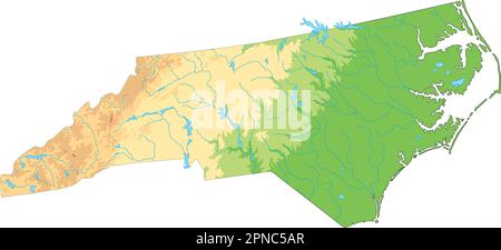 Carte physique de Caroline du Nord très détaillée. Illustration de Vecteur