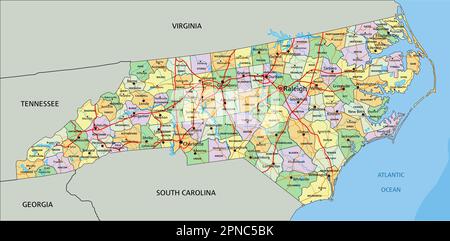 Caroline du Nord - carte politique modifiable très détaillée avec étiquetage. Illustration de Vecteur