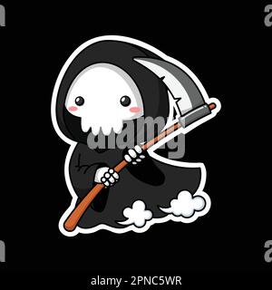 Joli personnage de dessin animé Grim Reaper dans l'illustration graphique Premium Vector style autocollant Illustration de Vecteur