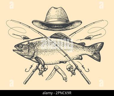 Emblème de pêche de style vintage. Symbole poisson et tige. Sports de loisirs, dessin vectoriel illustration Illustration de Vecteur