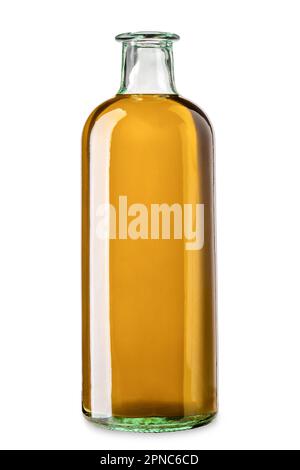 Bouteille en verre d'huile d'olive extra vierge isolée sur blanc avec passe-cheveux inclus Banque D'Images
