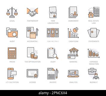 Icônes de la comptabilité financière. Comptabilité, optimisation fiscale, paie, crédit immobilier, rapport financier. Enseignes linéaires minces comptables pour Illustration de Vecteur