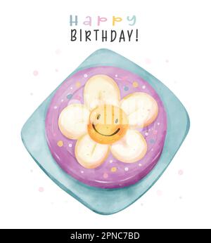 Mignon gâteau d'anniversaire coloré pastel avec grande fleur de Marguerite smiley sur le dessus, joyeux anniversaire aquarelle main peinture illustration pour l'idée de carte de voeux. Illustration de Vecteur