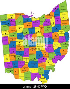 Carte politique colorée de l'Ohio avec des couches clairement étiquetées et séparées. Illustration vectorielle. Illustration de Vecteur