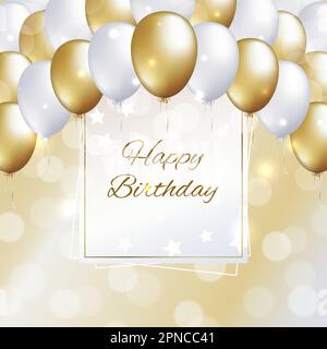 Carte d'anniversaire avec ballons dorés et blancs. Carte de vœux. Arrière-plan de fête avec cadre pour le texte. Ballons en or et perles sur une lumière Illustration de Vecteur