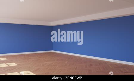 Coin de la chambre ensoleillée avec murs bleu foncé, plafond blanc et cornice, parquet brillant à chevrons et Plinth blanc. Concept de chambre non meublée. Rendu 3D, 8K Ultra HD, 7680 x 4320, 300 dpi Banque D'Images