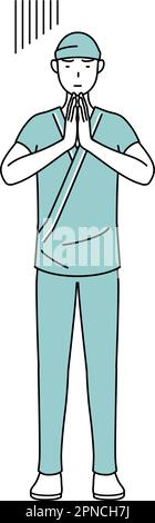 Homme admis patient dans la robe d'hôpital s'excusant avec ses mains devant son corps, Vector Illustration Illustration de Vecteur