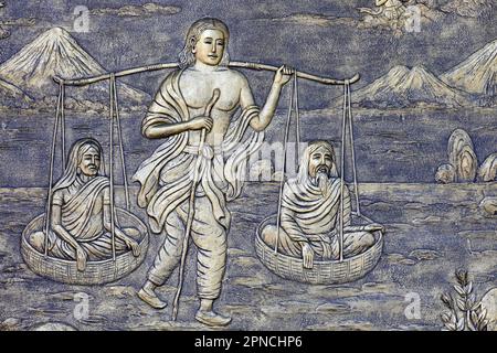 Pagode Tinh Xa Ngoc Chau. Vie de Bouddha. Siddhartha Gautama portant ses parents en pole. Chau Doc. Vietnam. Banque D'Images