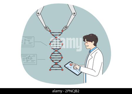 L'homme scientifique utilise le bras robotique de travail avec la structure de l'ADN dans le laboratoire moderne. Un professeur ou un chercheur de sexe masculin conduit des expériences en laboratoire avec un robot. Médecine et technologie. Illustration vectorielle. Illustration de Vecteur