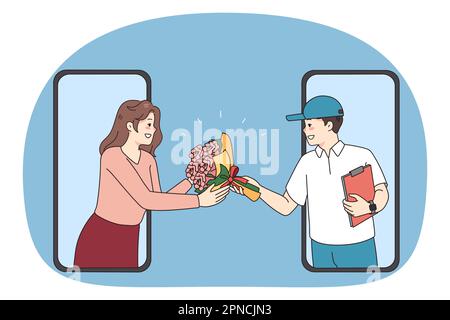 Le livreur souriant donne des fleurs à la femme excitée faire la commande en ligne sur smartphone. Happy man courier delver bouquet à la cliente féminine avec application mobile de téléphone portable. Illustration vectorielle plate. Illustration de Vecteur