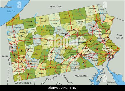 Carte politique modifiable très détaillée avec des couches séparées. Pennsylvanie. Illustration de Vecteur