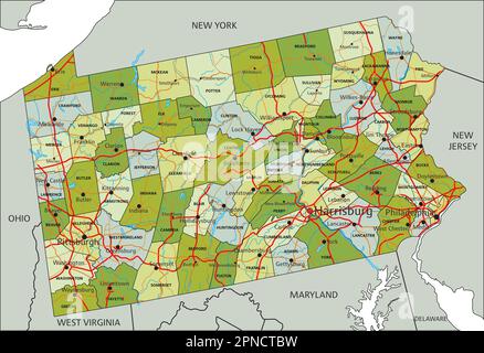 Carte politique modifiable très détaillée avec des couches séparées. Pennsylvanie. Illustration de Vecteur