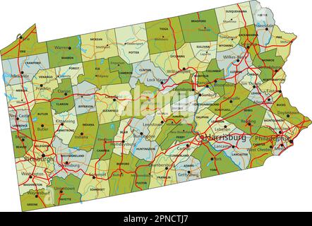 Carte politique modifiable très détaillée avec des couches séparées. Pennsylvanie. Illustration de Vecteur