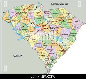 Caroline du Sud - carte politique modifiable très détaillée avec étiquetage. Illustration de Vecteur