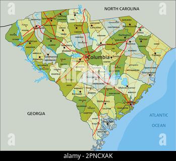 Carte politique modifiable très détaillée avec des couches séparées. Caroline du Sud. Illustration de Vecteur