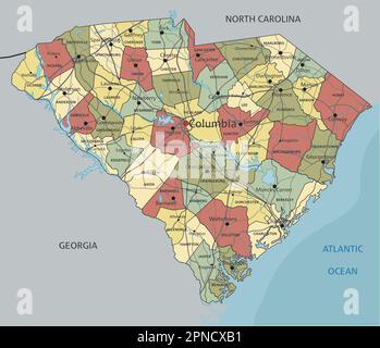 Caroline du Sud - carte politique modifiable très détaillée avec étiquetage. Illustration de Vecteur