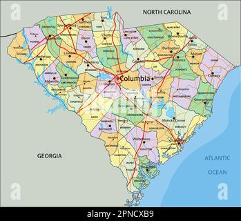 Caroline du Sud - carte politique modifiable très détaillée avec étiquetage. Illustration de Vecteur