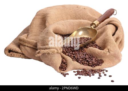 Café torréfié en sac de jute à vendre, isolé Banque D'Images