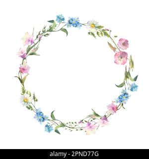 Couronne fleurie. Cadre rond de fleur aquarelle. Fleurs sauvages. Bordure de cercle de fleurs de prairie Banque D'Images