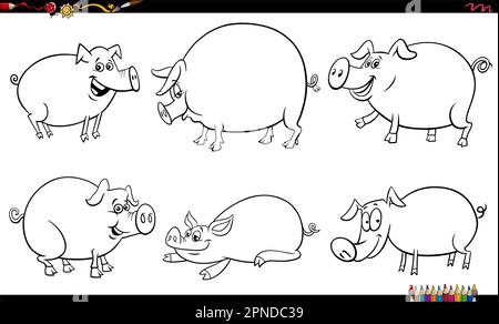 Dessin animé noir et blanc illustration des cochons animaux de ferme caractères ensemble de coloriage page Illustration de Vecteur