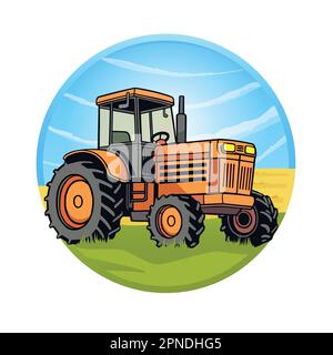 Illustration d'un tracteur dans les champs agricoles, les agriculteurs travaillent dans les terres agricoles. Illustration de Vecteur