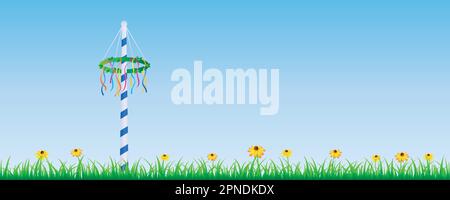 maypole avec rubans colorés sur prairie verte avec fleurs Illustration de Vecteur