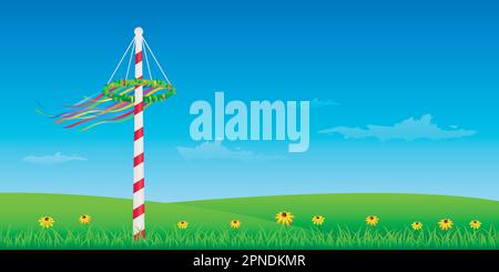maypole avec rubans colorés sur prairie verte Illustration de Vecteur