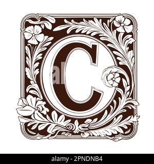 Lettre C Monogramme floral. Décoration vintage initiale Alphabet style spirale. Illustration de Vecteur