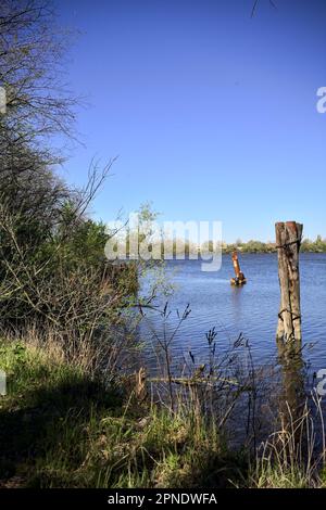 Des poteaux en bois et un bateau amarré avec des pêcheurs sur elle à côté du bord du lac dans une forêt par une journée ensoleillée Banque D'Images