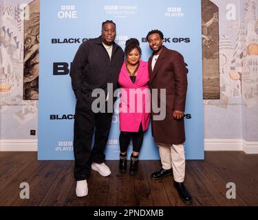 Lancement de la presse pour BLACK OPS, série de comédie sur BBC One et BBC iPlayer par BBC Studios Comedy.HAMMED ANIMASHAUN (L), GGEMISOLA IKUMELO(C), AKEMNJI NDIFORNYEN Banque D'Images