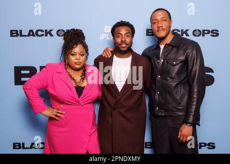 Lancement de la presse pour BLACK OPS, séries de comédie sur BBC One et BBC iPlayer par BBC Studios Comedy. GBEMISOLA IKUMELO (L), AKEMNJI NDIFORNYEN (C), JAZ HUTCHINS Banque D'Images