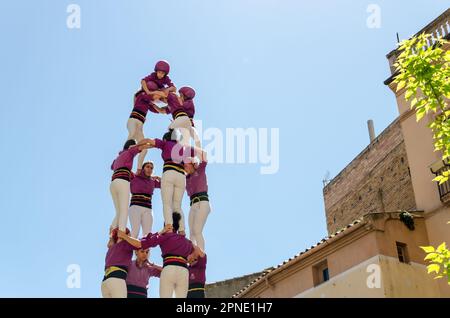 Igualada, Barcelone; 28 avril 2019: Les journées de Castellanas de Barcelone. 24th anniversaire du groupe de Moixigangues d'Igualada, en construisant une tour humaine Banque D'Images