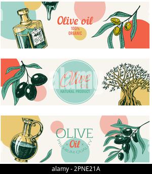 Modèle d'étiquette d'huile d'olive et de branche. Bannière élégante en Typographie. Produit végétarien biologique en bouteille. Green Plant for Packaging Design. Main gravée Illustration de Vecteur