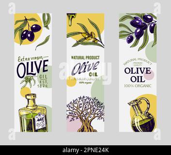 Modèle d'étiquette d'huile d'olive et de branche. Bannière élégante en Typographie. Produit végétarien biologique en bouteille. Green Plant for Packaging Design. Main gravée Illustration de Vecteur